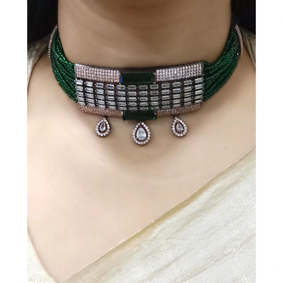 Green onyx stone AD choker NECKLACE