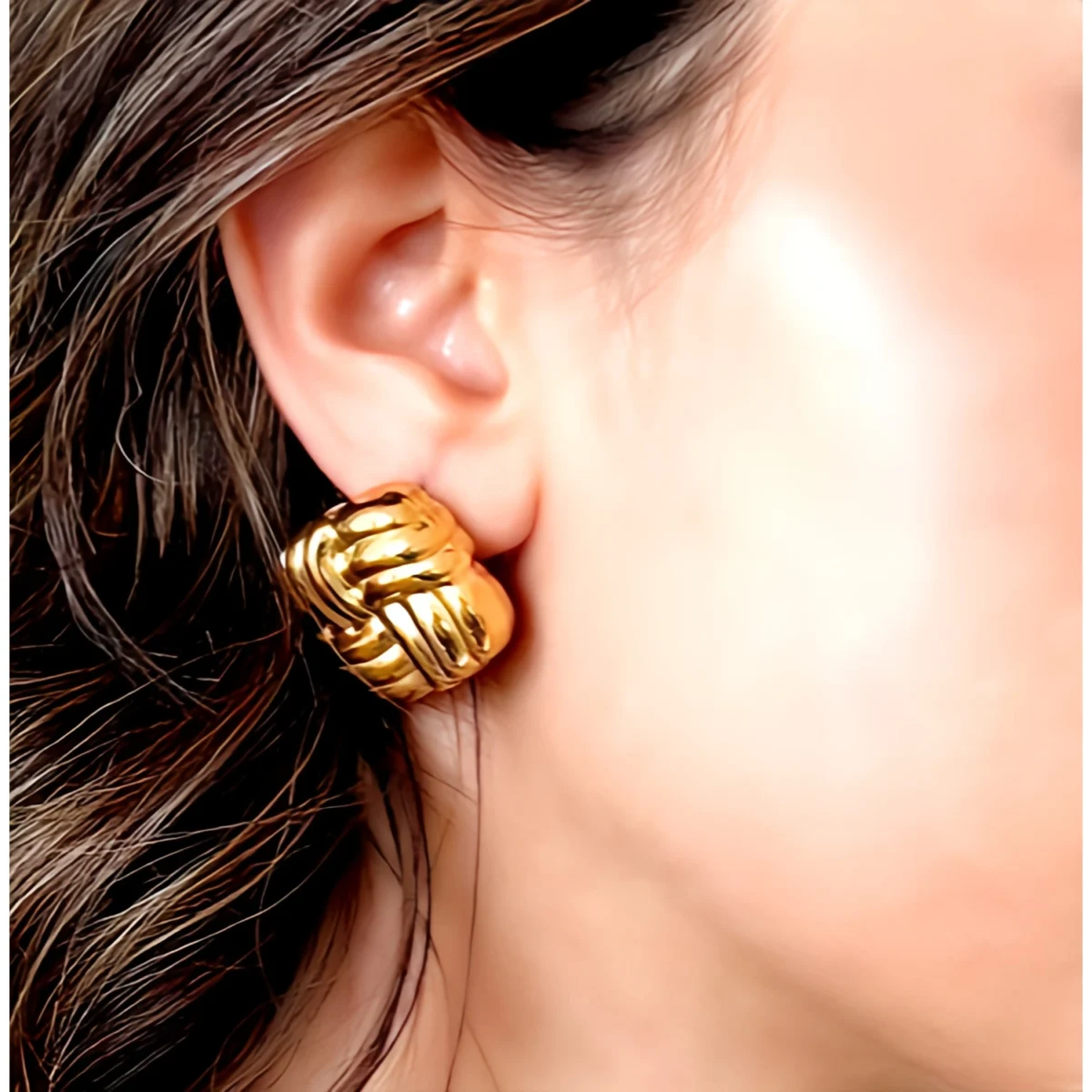 Ribbed Square Gold Plated Stud Earring