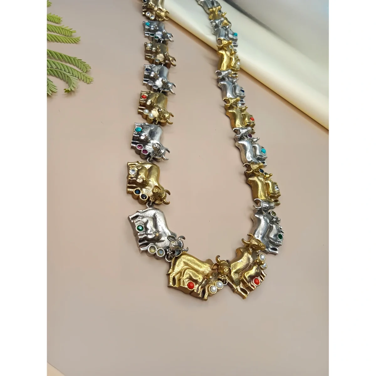 Silver Long Cow Motif Statement Necklace