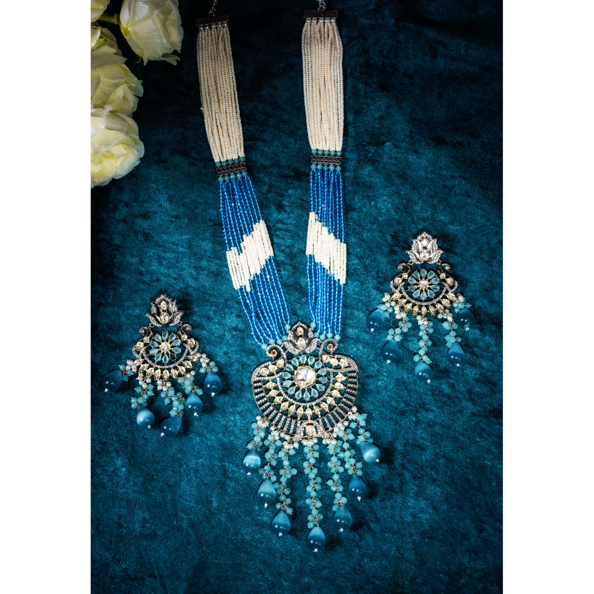 Long Pearl Blue Onyx Necklace NKLSET 1