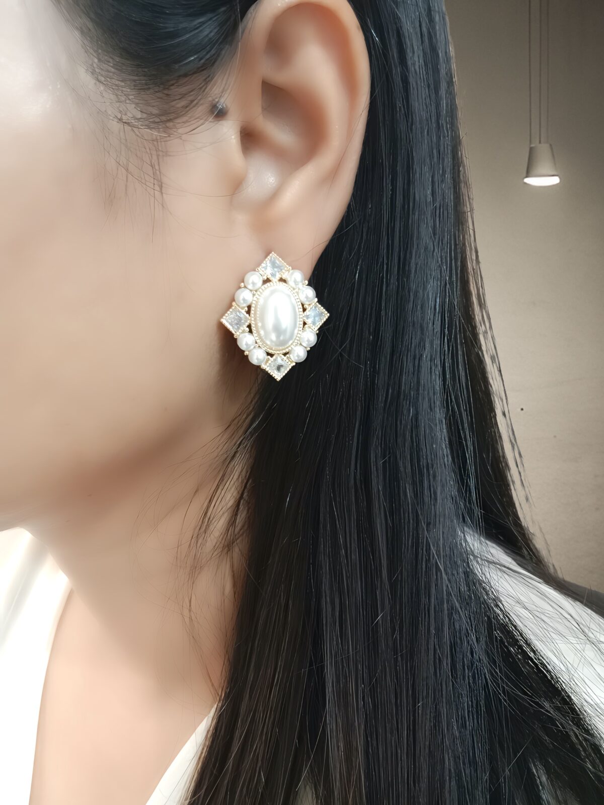 Gold Tone Stud With Pearl Hanging Earring