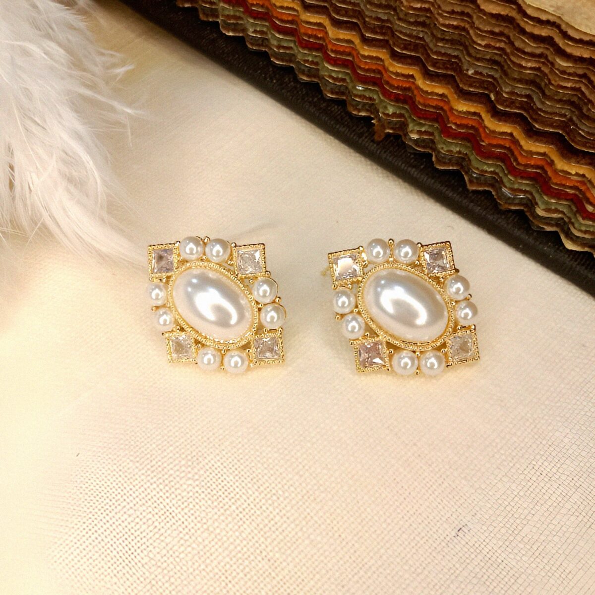 Gold Tone Stud With Pearl Hanging Earring