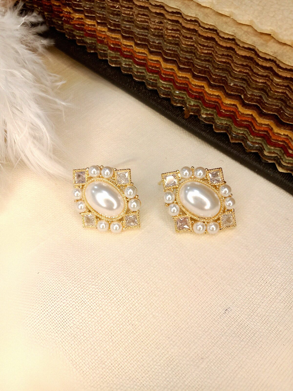 Gold Tone Stud With Pearl Hanging Earring