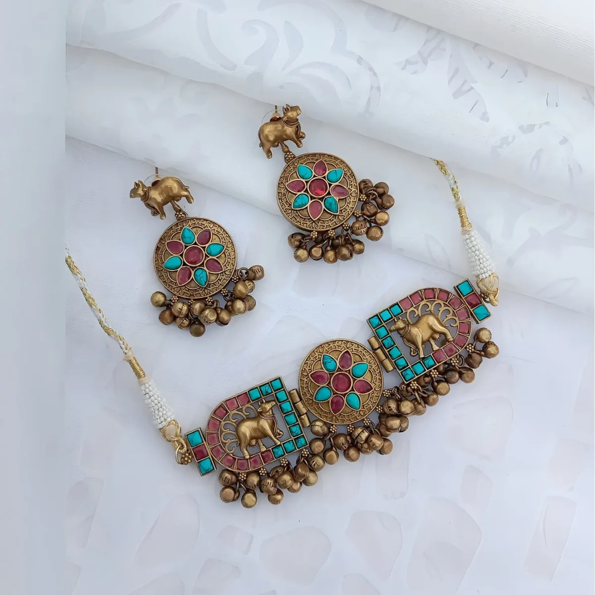 Turquoise Kundan Antique Gold Plated Choker Necklace Set