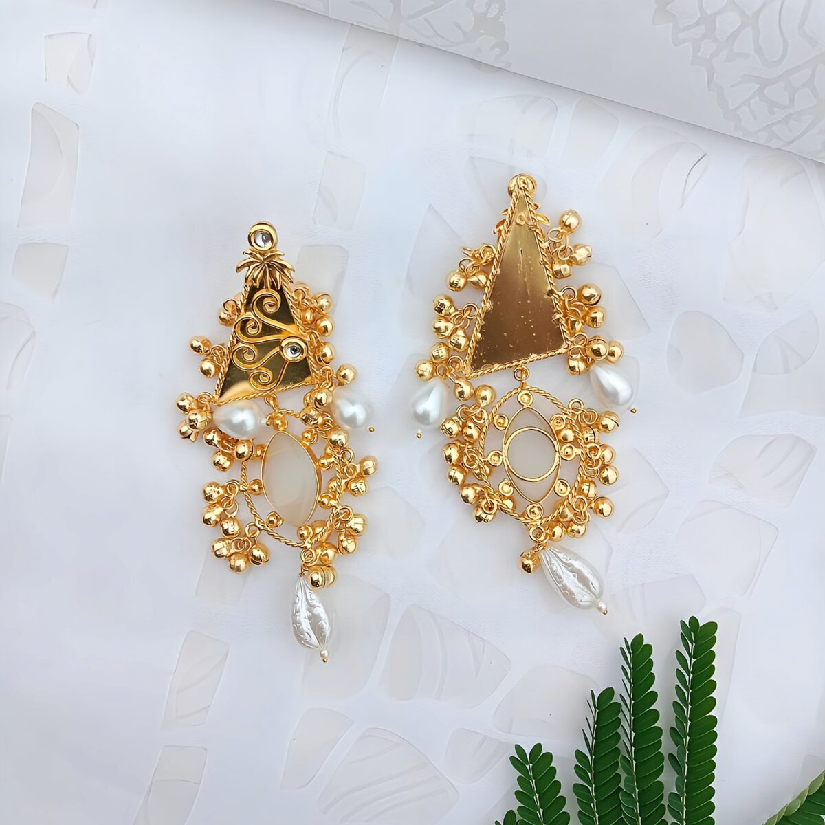 18k Gold Polish White Pearl Drop Dangler Earring