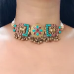 Turquoise Kundan Antique Gold Plated Choker Necklace Set