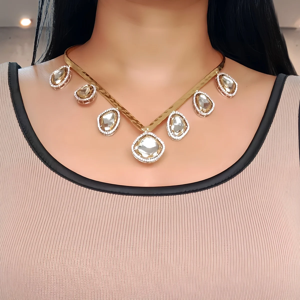 Moissanite Polki AD Studded V-Collar Necklace Set