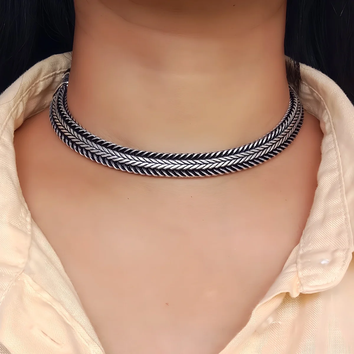 DG German Silver Braided Sleek Choker Necklace Set