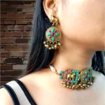 Turquoise Kundan Antique Gold Plated Choker Necklace Set