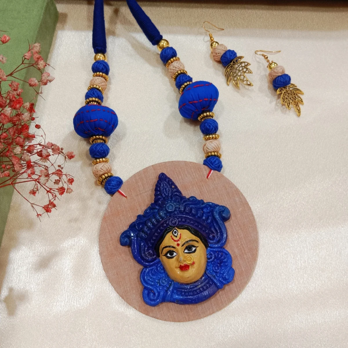 Handmade Maa Durga Terracotta Necklace Set Blue