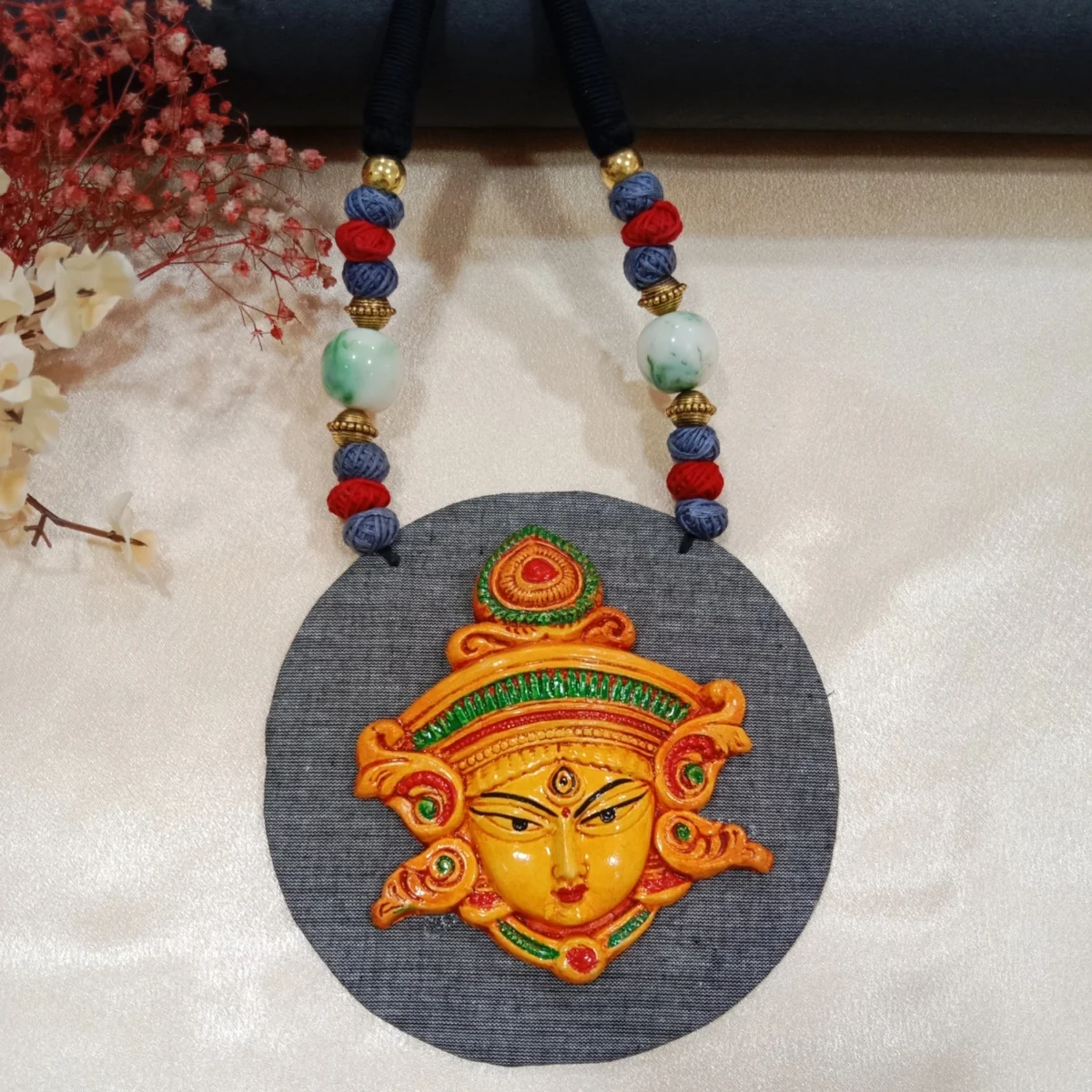 Terracotta Handcrafted Maa Durga Necklace Set Grey