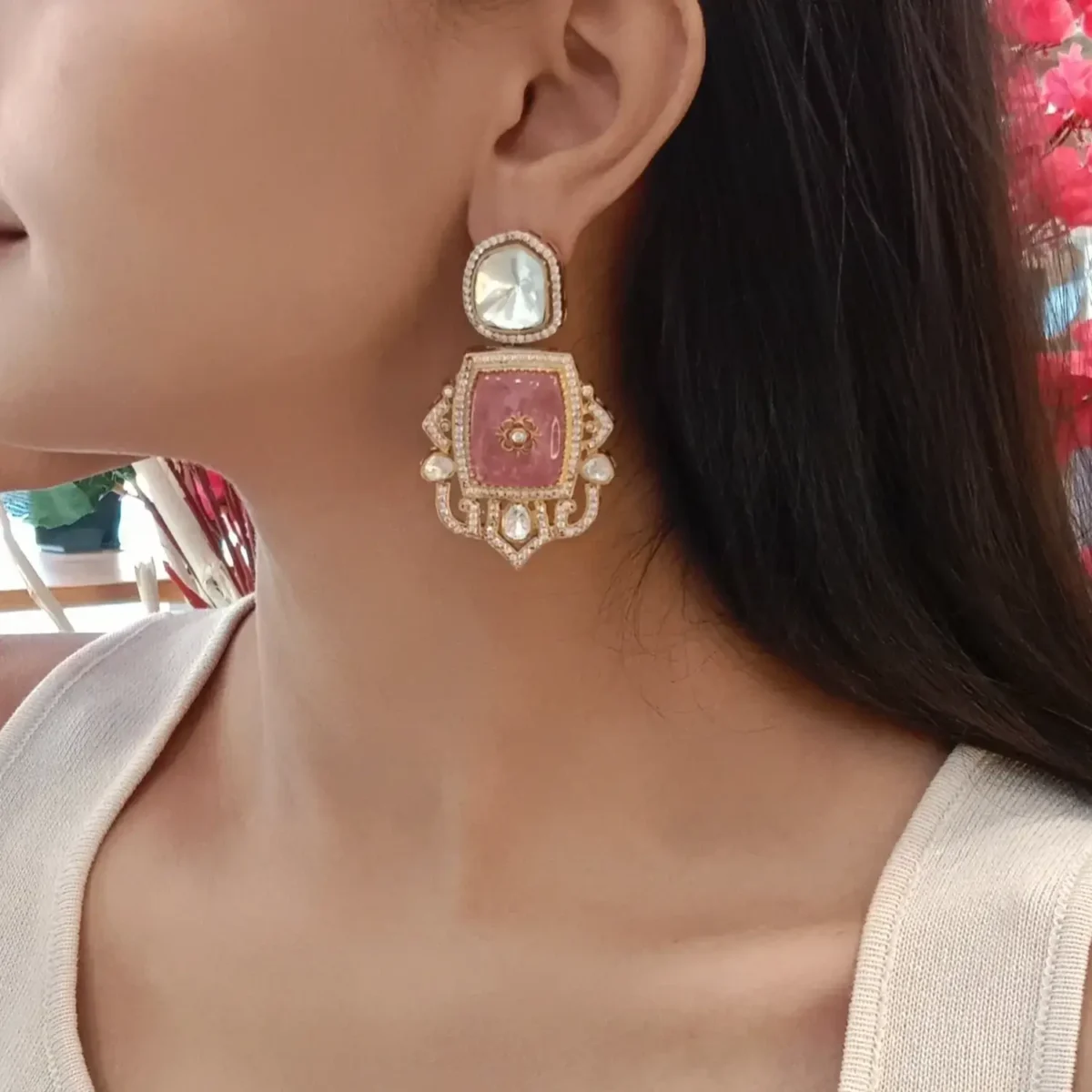 Exquisite Pink Kundan Earrings for Women