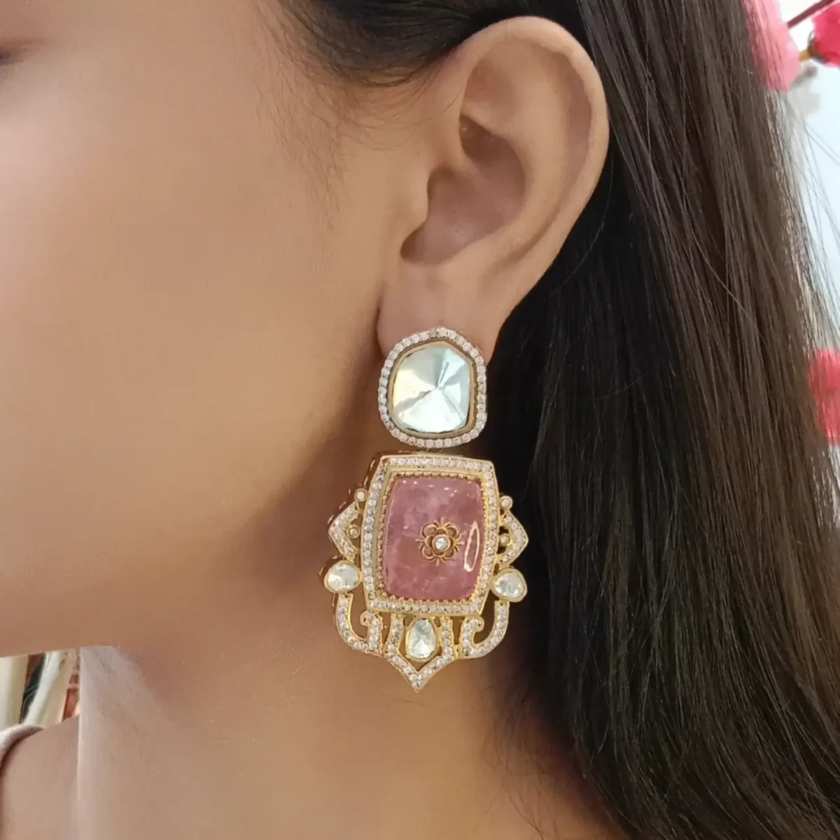 Exquisite Pink Kundan Earrings for Women
