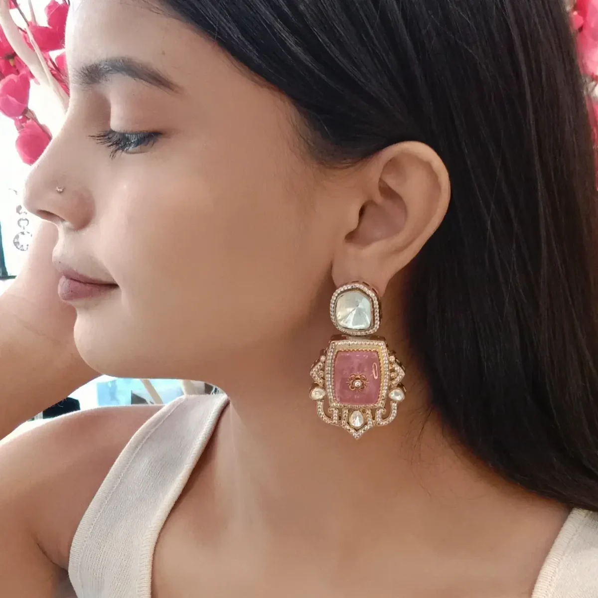 Exquisite Pink Kundan Earrings for Women