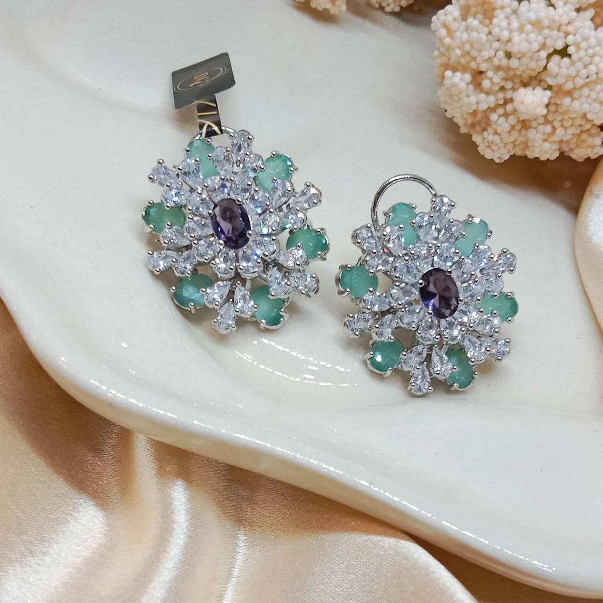Mint Green & White Stone Floral Statement Earrings