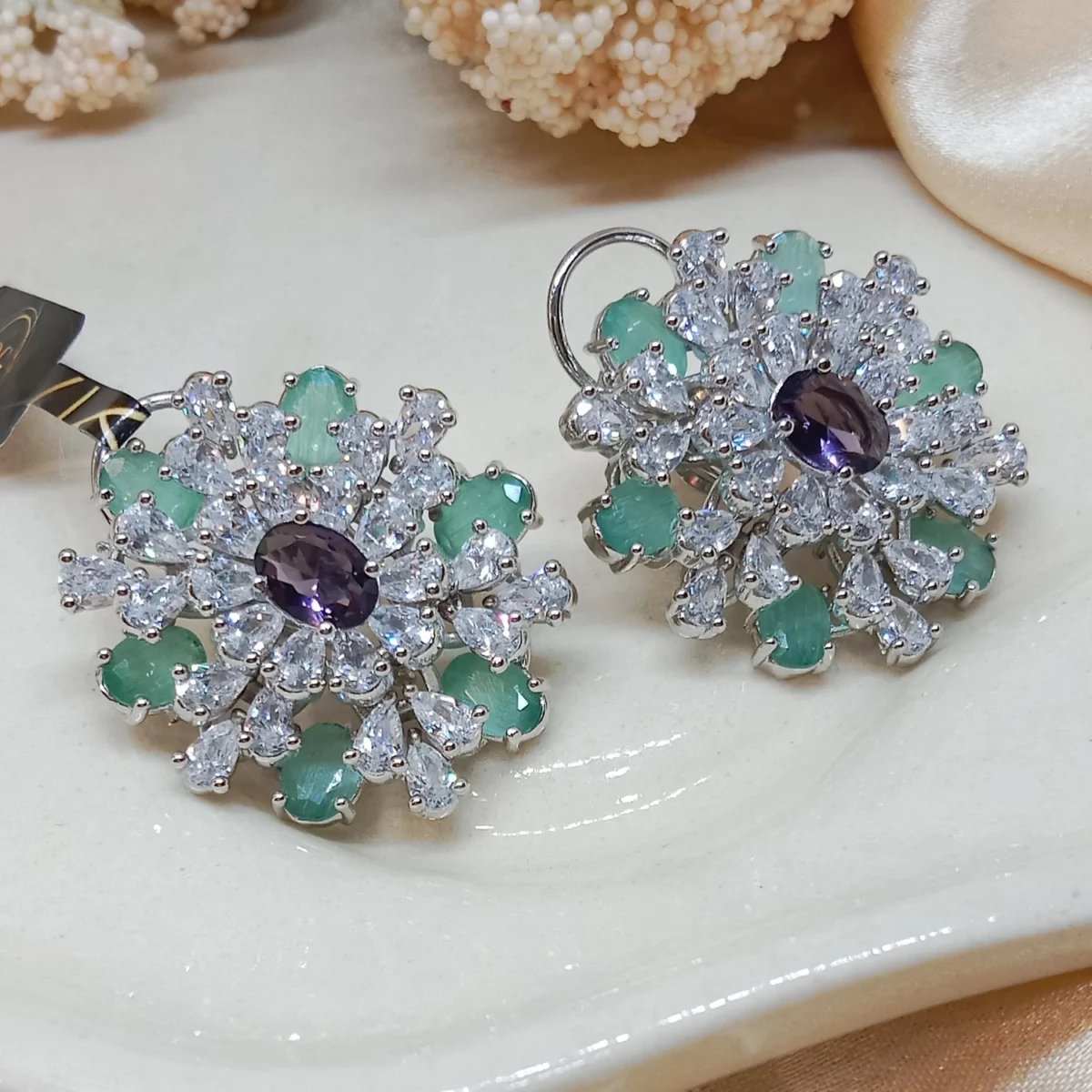 Mint Green & White Stone Floral Statement Earrings