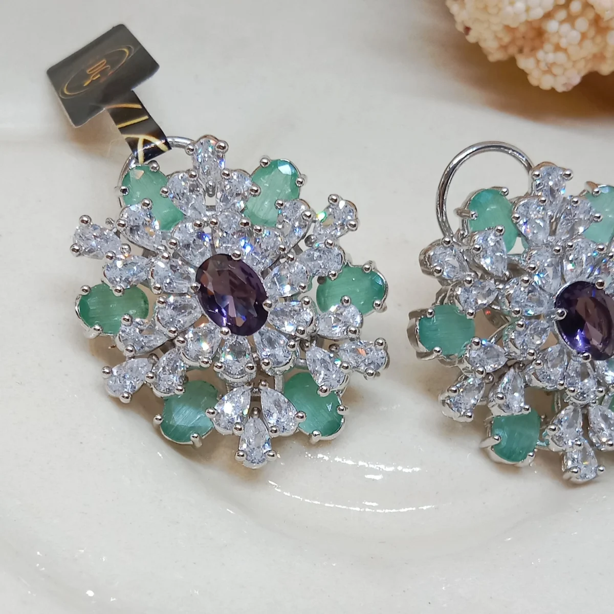 Mint Green & White Stone Floral Statement Earrings