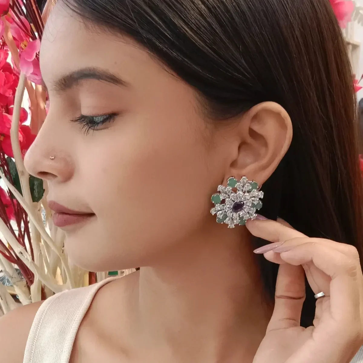 Mint Green & White Stone Floral Statement Earrings