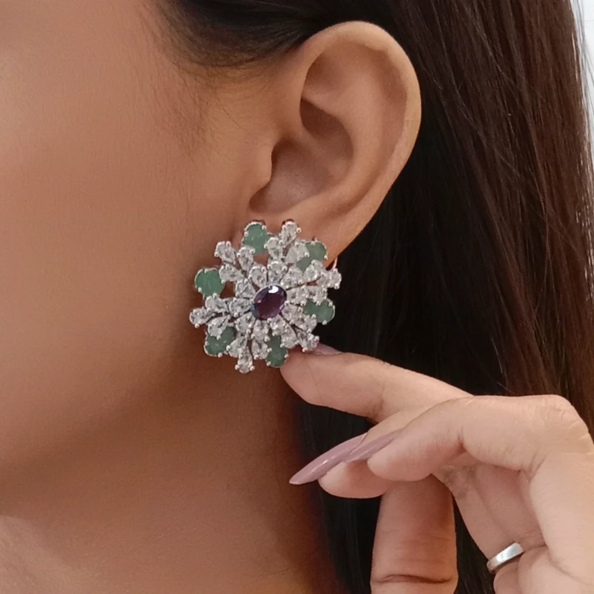 Mint Green & White Stone Floral Statement Earrings