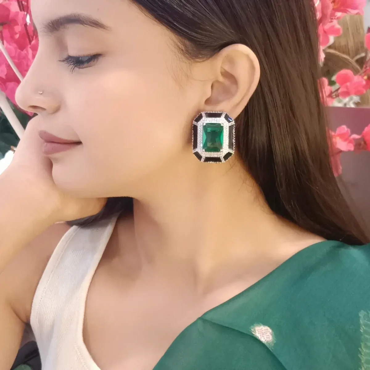 Regal Emerald Green Statement Stud Earrings