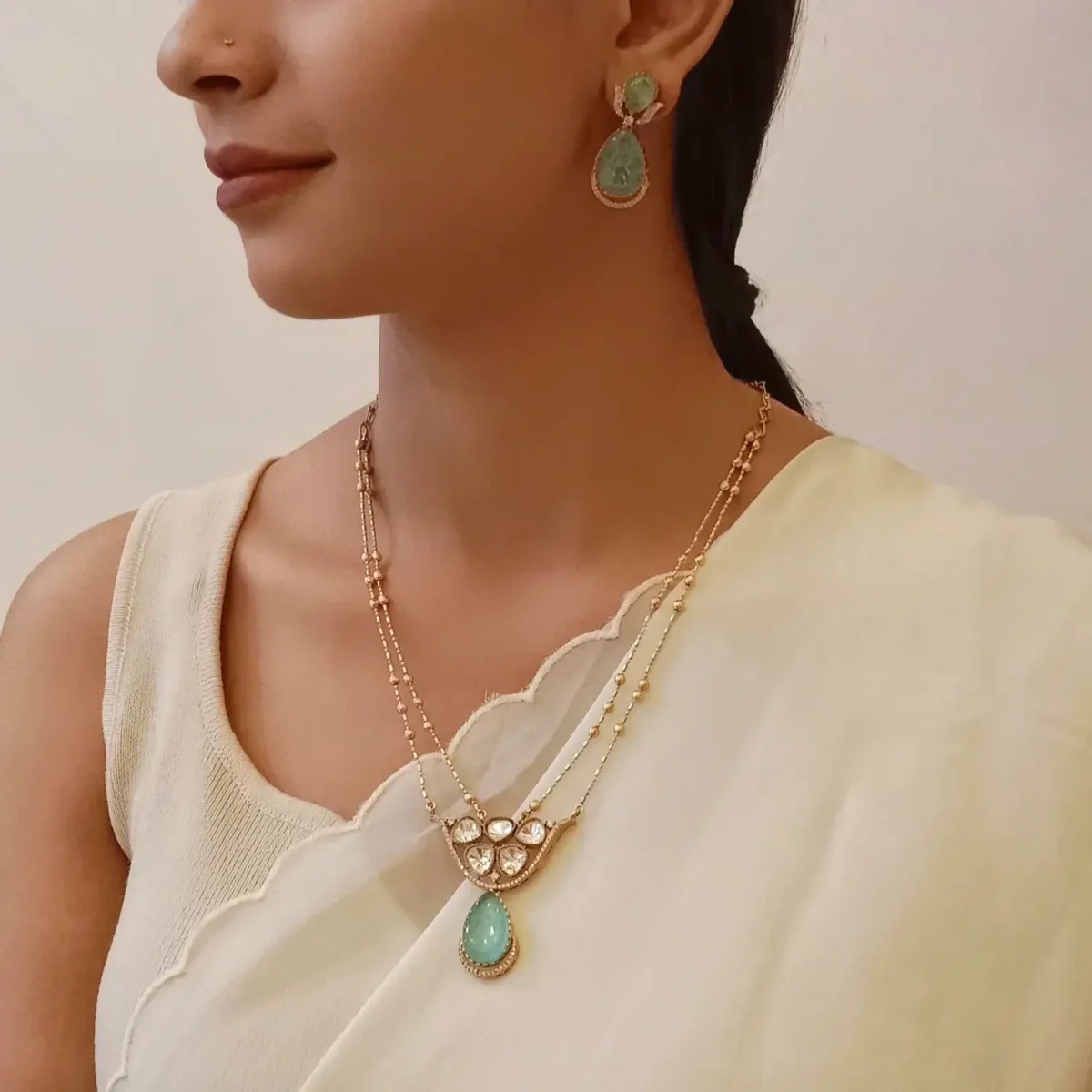 Aarzooi Mint Drop Kundan Necklace Set