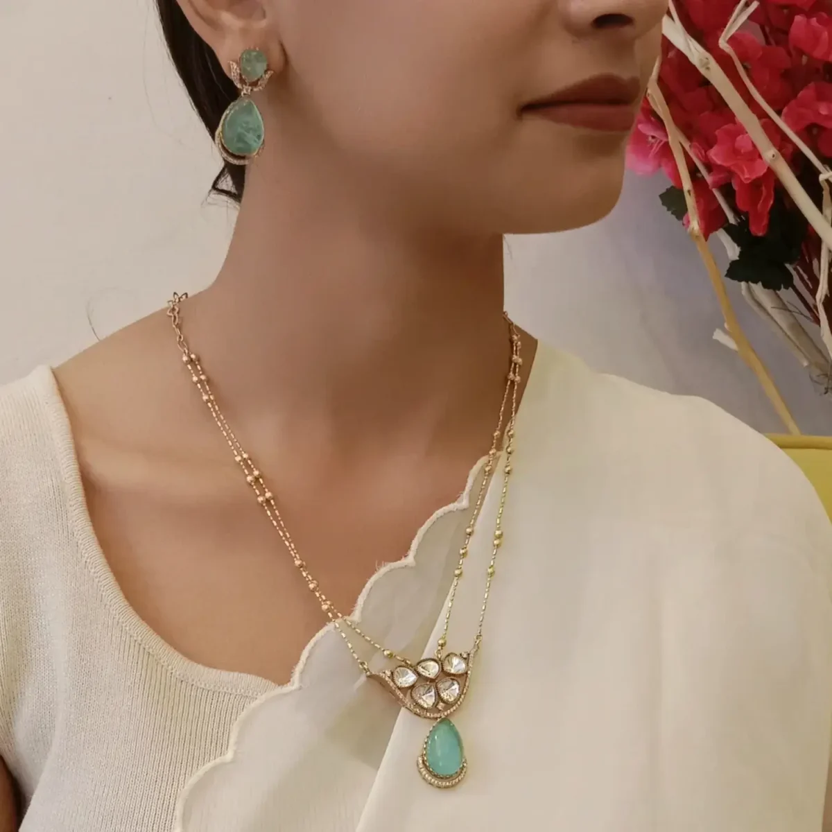 Aarzooi Mint Drop Kundan Necklace Set