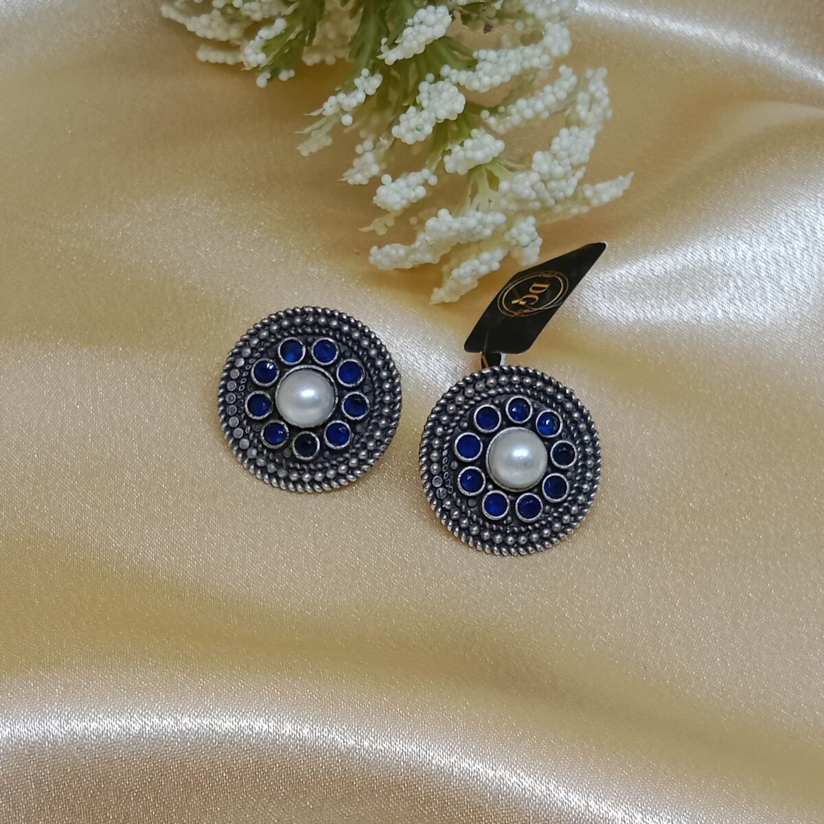 Elegant Silver-Plated Blue Stone Stud Earrings with Pearl Center