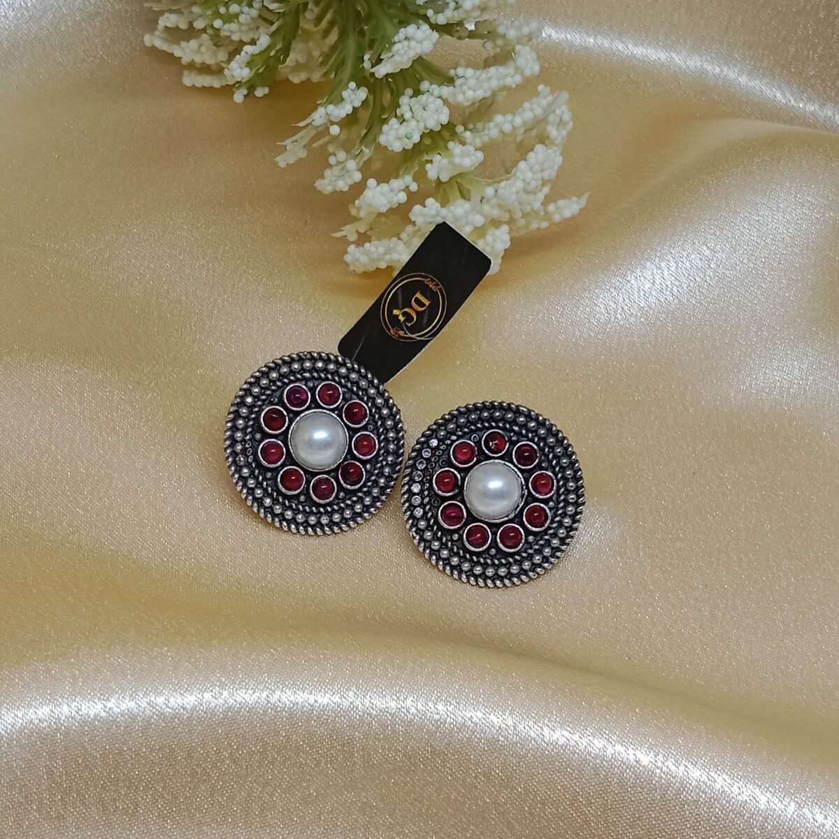 Elegant Silver-Plated Blue Stone Stud Earrings with Pearl Center