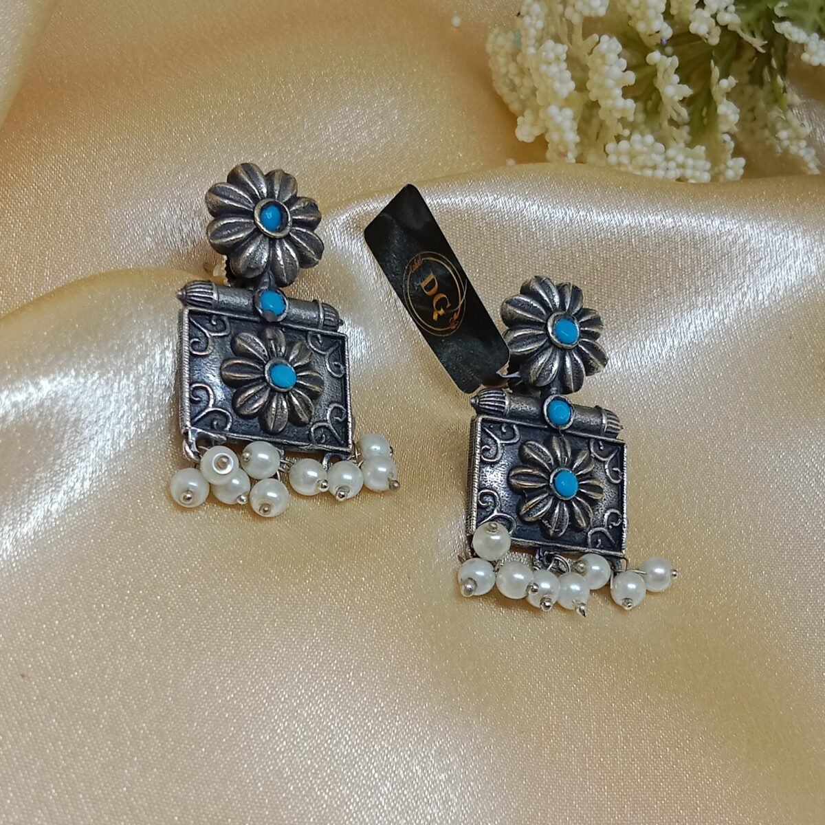 Antique Silver-Plated Floral Earrings -Pearl Drops