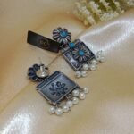 Antique Silver-Plated Floral Earrings -Pearl Drops